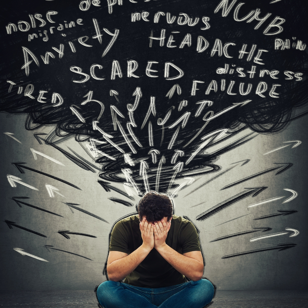 pessoacommultiplaspreocupações pessoa sendo representada com TOC, a partir de multiplas preocupações mentais compulsivas.